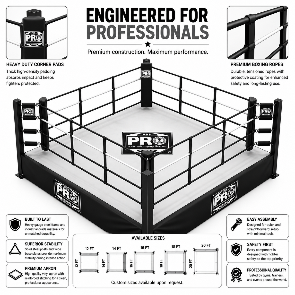 ProBoxing 12' x 12' Boxing Ring 1 Foot | Made in USA