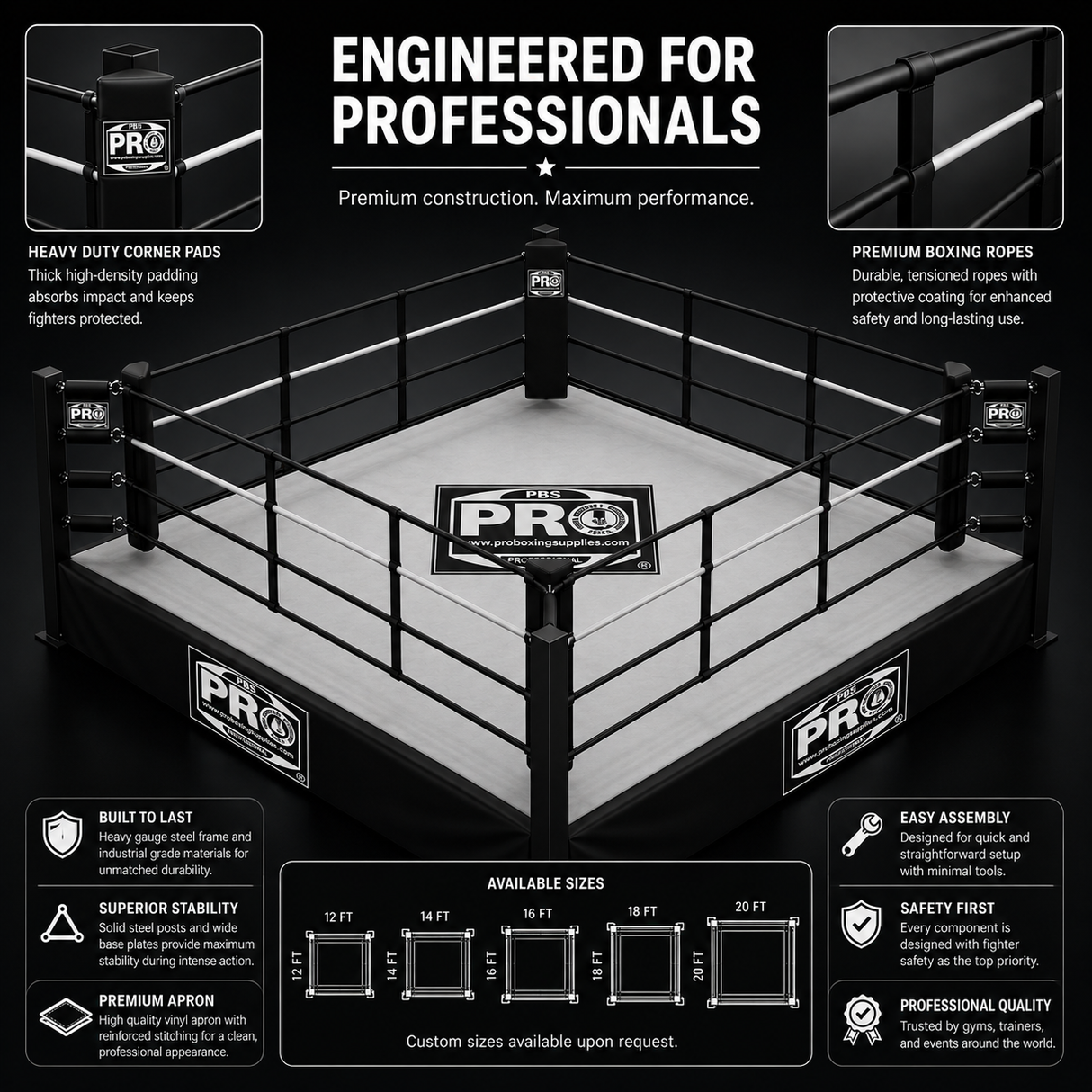 ProBoxing 12' x 12' Boxing Ring 1 Foot | Made in USA
