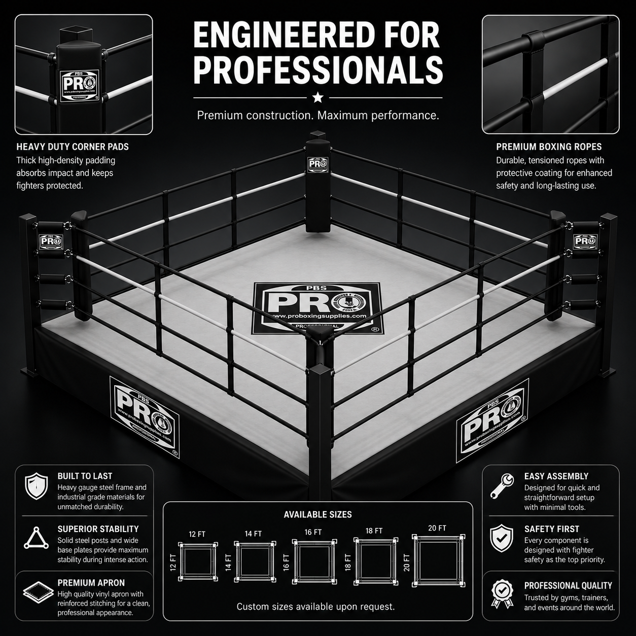 ProBoxing 12' x 12' Boxing Ring 1 Foot | Made in USA
